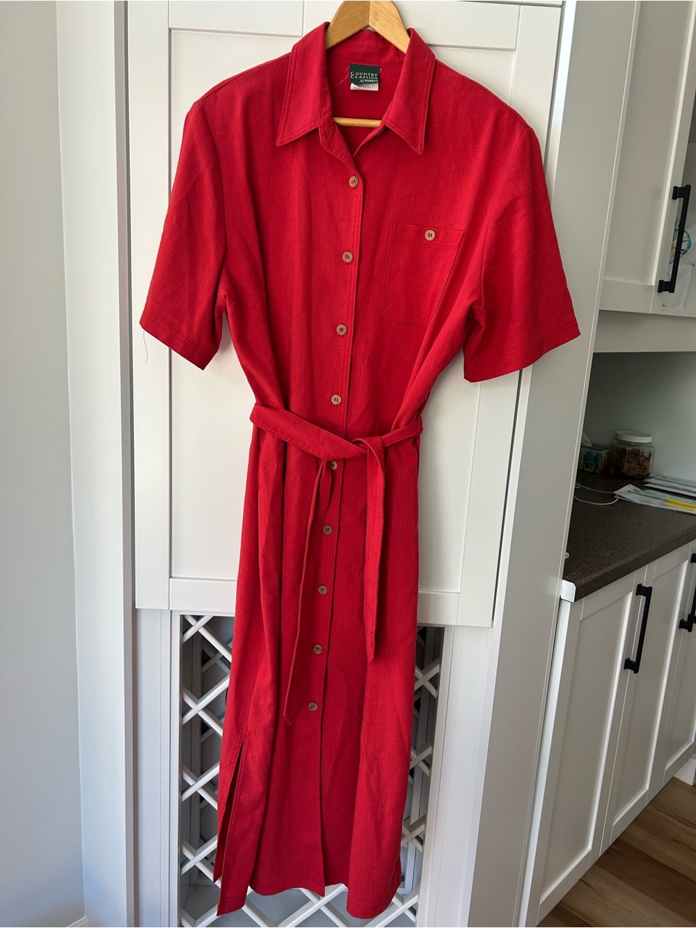 Vintage Country Classics by Koret XL Long Red Button-Front Shirt Dress Waist Tie - Picture 2 of 7